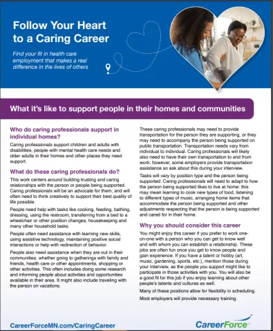 What it's like supporting people who live in their homes or communities image with Follow Your Heart to a Caring Career and CareerForce branding