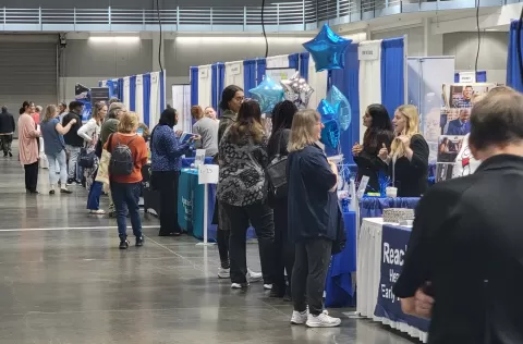 Crowds of people at St. Cloud Area Career Fair held 9-26-23 at River's Edge Convention Center in St. Cloud