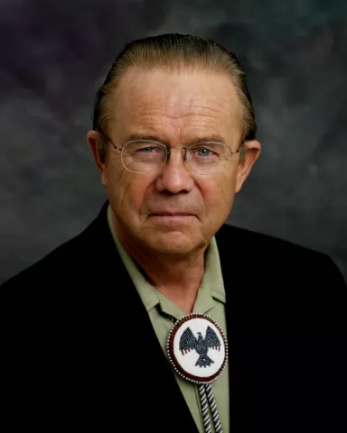 man in glasses wearing suit and beaded necktie looking at camera
