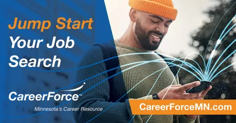 man looking at his phone with action lines coming out of phone and CareerForce branding