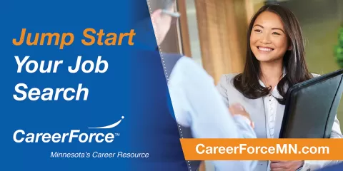 woman holding folder shaking a person's hand with CareerForce branding