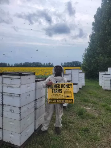 person in beekeepers suit holding Wilmer Honey Farms sign in front of beehives