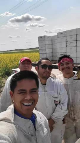 people in beekeeping suits standing in front of hives with a field of flowers in the background