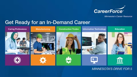 image of multiple workers with CareerForce logo and words Minnesota's Drive for 5
