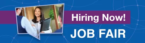 graphic with words Hiring Now! Job Fair with photo of two people talking