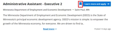 Screenshot from the Job Search page, showing a job listing. The "Bookmark job" icon is indicated by a red rectangle.