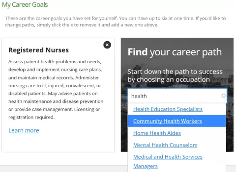 Screenshot of the "My Career Goals" section on the "My Goals & Experience" tab of a CareerForce account page