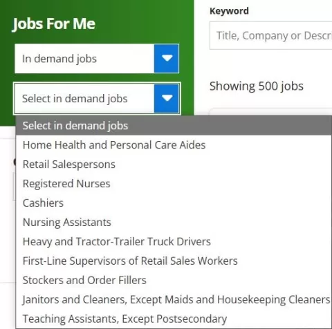 Screenshot of the "Jobs for Me" box on the Job Search page, a green rectangle with two drop-down menus. On the first drop-down menu, "In demand jobs" is selected. The second menu is expanded to show ten high-demand occupations.