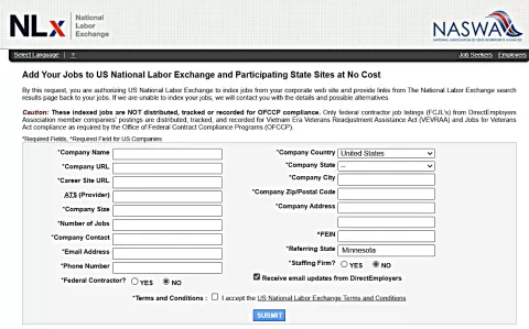 Screenshot of the National Labor Exchange's online request form for job indexing.