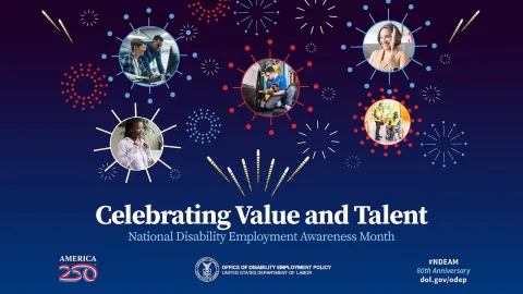 images of people in circle shapes on a star background with the words 'Celebrating Value and Talent National Disability Employment Awareness Month' and the 250th logo, U.S. Department of Labor logo, #NDEAM 80th anniversary dol.gov/ODEP