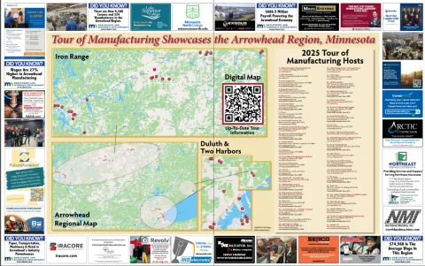 screenshot of interactive map showing locations of tour of manufacturing events in Northeast Minnesota in 2025 view information here https://online.fliphtml5.com/slrxz/belj/#p=1 