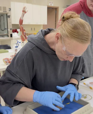 person wearing a grey hoodie and blue gloves doing a project in a lab setting