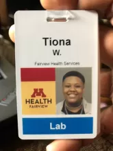 photo of Tiona's U of M lab badge