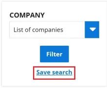 Screenshot from the Job Search page, showing the title "Job Search," a green box with the white header of "Jobs for Me," a drop-down list filter by Company, a filter button, and a link that says "Save search." The "Save search" link is indicated by a red rectangle.